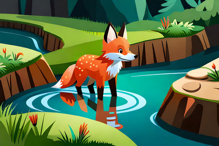 Illustration of a little fox in the forest near the river in a flat styleの素材