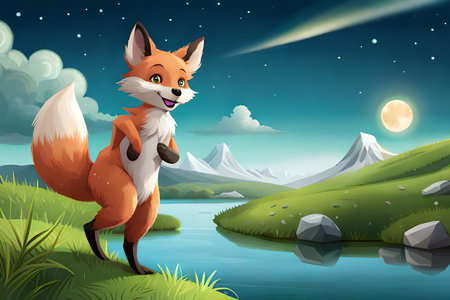 Illustration of a fox standing in the middle of a beautiful natureの素材