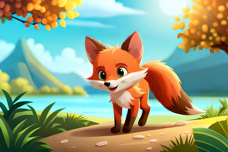 Vector illustration of Cartoon little fox in the forest with mountain background.の素材