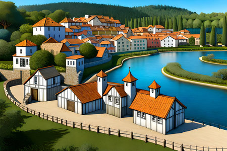 Village in the countryside with pond and houses - 3d renderの素材