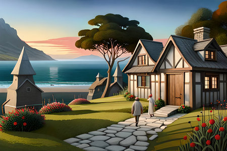 Village on the coast of the sea at sunset. illustrationの素材