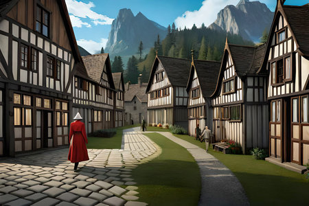 Fairy tale scene with old houses and a boy in red cloakの素材