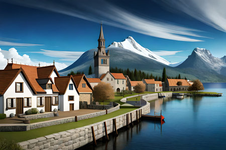 Village on the lake and mountains in the background. 3d renderingの素材