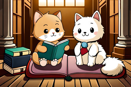 Cat and dog reading book in the library illustration. Cartoon style.の素材