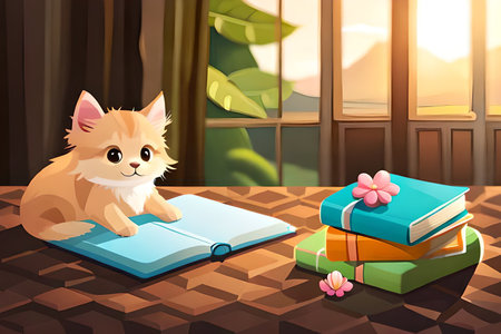 Cute cat reading book on the floor in the living room illustrationの素材