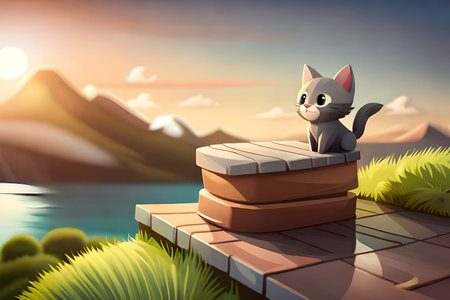 Cat sitting on a brick terrace at sunset. 3d renderingの素材