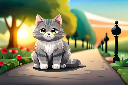 Illustration of a cat sitting on the road in the park at sunsetの素材