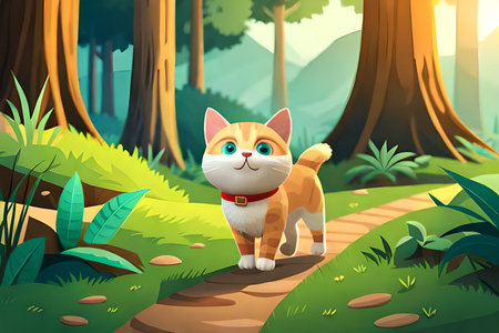 Cute cat walking in the jungle. Cartoon style vector illustration.の素材