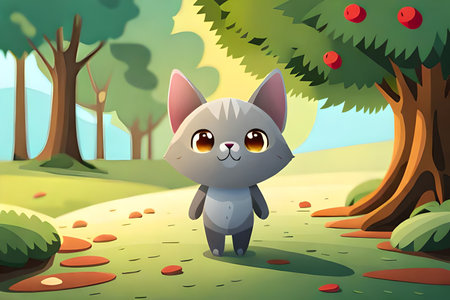 Vector illustration of Cute cat walking in the forest with tree backgroundの素材