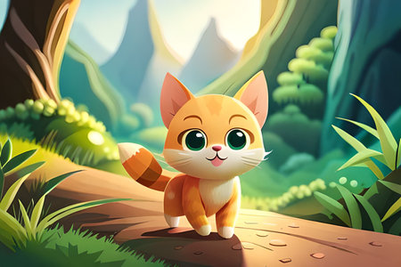 Cute cartoon cat in the jungle. Vector illustration for your designの素材