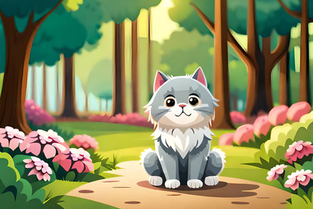 Cute cat sitting in the forest with flowers in the background illustrationの素材