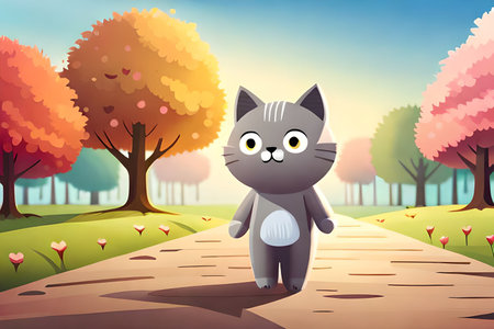 Vector illustration of Cute cat walking on the road in the parkの素材