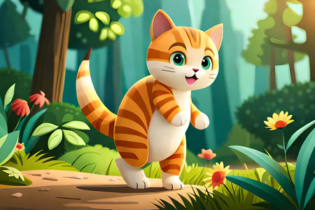 Cute cat in the jungle. Vector illustration of cartoon character.の素材