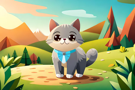 Vector illustration of Cute cat in the nature background. Cartoon style.の素材