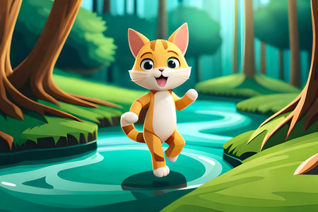 cute cat jumping in the forest - illustration for the children.の素材