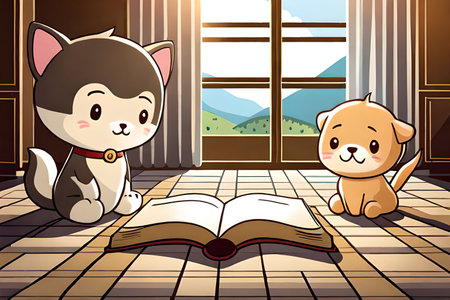 Illustration of a cat and dog reading a book in the roomの素材