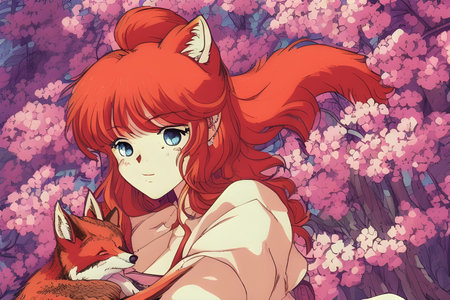Beautiful red-haired girl with fox in the spring forest.の素材