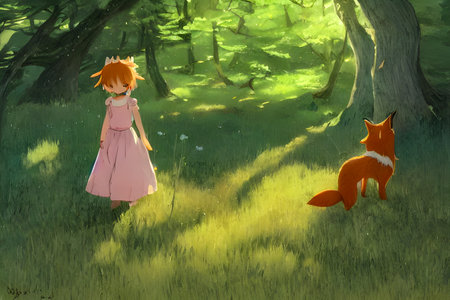 girl and fox in the forest - illustration for children (3D)の素材
