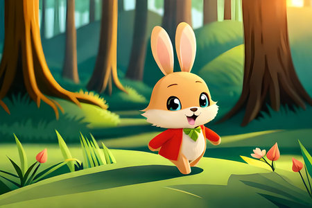 cute rabbit with red scarf in the forest. vector illustration.の素材