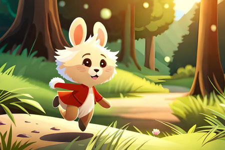 Cute rabbit running in the forest. Vector cartoon character illustration.の素材