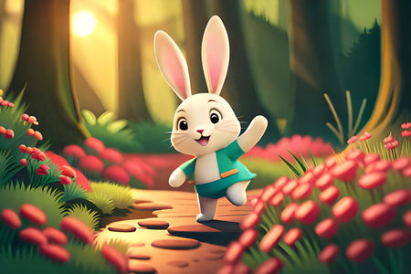 Cute cartoon rabbit in the forest. 3d rendering illustration.の素材