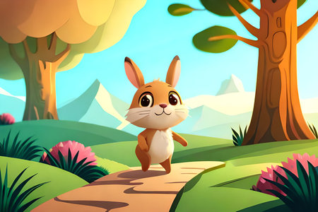 Vector illustration of Cartoon rabbit walking in a forest background. eps 10の素材