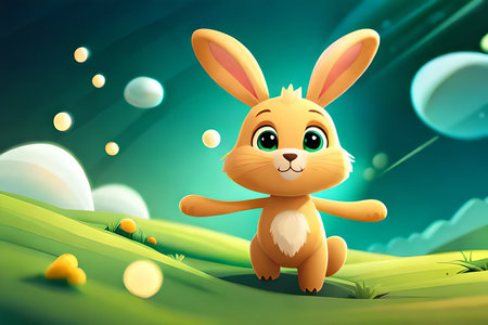 Vector illustration of Cute little rabbit on the green field with bubblesの素材