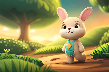 cute rabbit in the forest. 3D illustration. Cartoon style.の素材