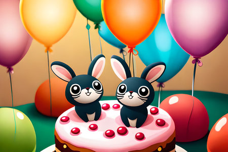 Cute bunnies with cake and balloons on a birthday partyの素材