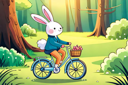 Easter bunny riding a bicycle in the forest. Vector illustration.の素材