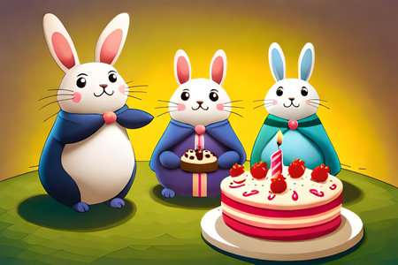 Three cute bunnies with cake and candle on the meadowの素材