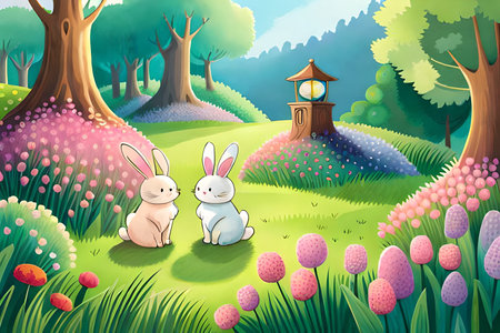 Illustration of a rabbit and a rabbit in a beautiful spring gardenの素材