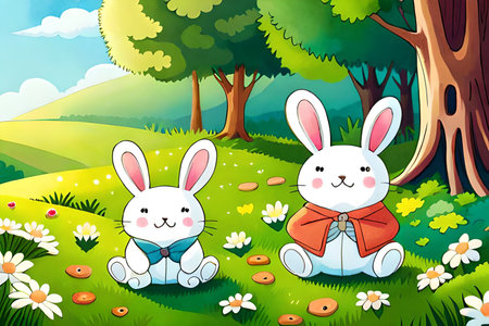 Cute bunnies on the meadow. Vector illustration.の素材