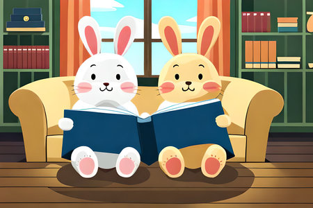 Bunny and rabbit reading a book in the living room at home illustrationの素材