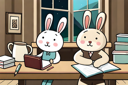 Illustration of Cute Rabbits Studying in a Classroomの素材