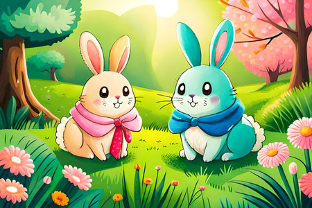 Illustration of a cute rabbits on a beautiful nature background with flowersの素材