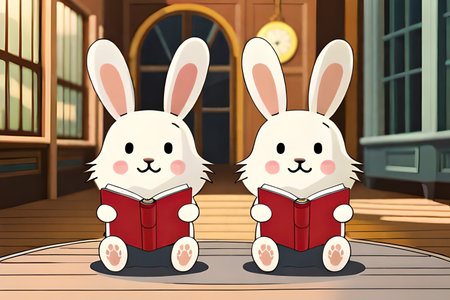 Illustration of a pair of rabbits reading a book on a porchの素材