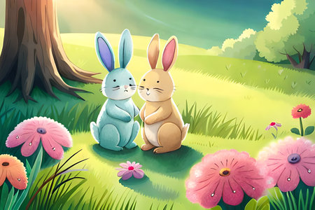 Two cute bunnies in the meadow. Vector illustration.の素材