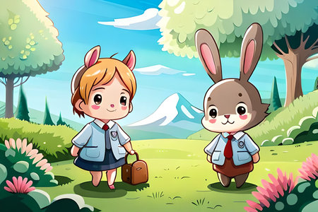 Illustration of a boy and a girl at the park with a rabbitの素材