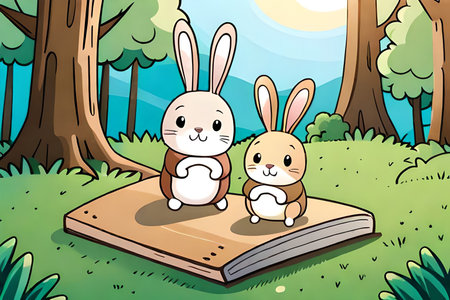 Illustration of Cute Rabbits Inside a Book in the Forestの素材
