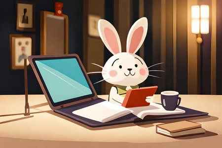 Illustration of a cute bunny reading a book in front of a laptopの素材