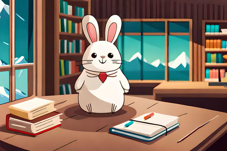 Vector illustration of a white rabbit sitting at the table in the libraryの素材
