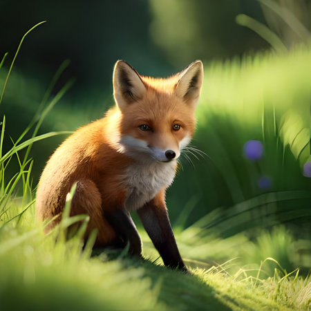 Red fox sitting on the grass in the forest. Close-up.の素材