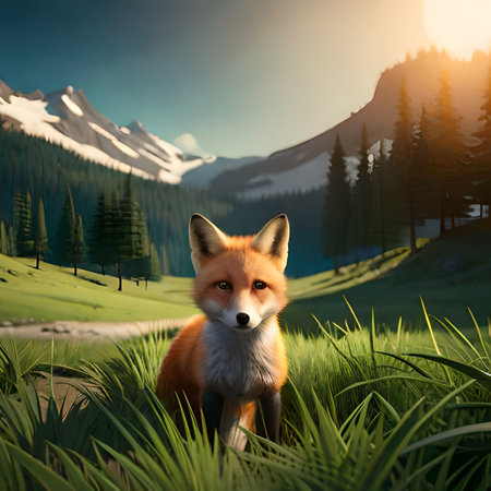 Red fox in the meadow at sunset. 3D illustration.の素材