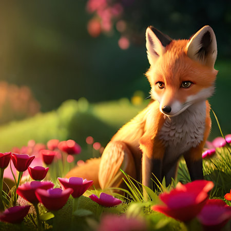 Red fox in the meadow with red tulips. Sunset.の素材