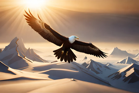 Bald Eagle flying over snowy mountains at sunset. 3D Renderingの素材
