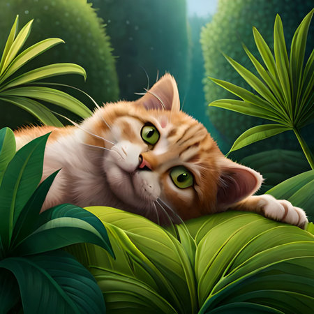 Cat in the jungle with green leaves. 3D illustration. Cartoon style.の素材