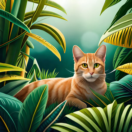 Cat in the jungle with tropical leaves. 3d rendering illustration.の素材