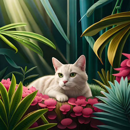 White cat in the garden with flowers and leaves. 3d renderingの素材