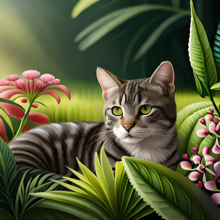Cute cat in the garden with flowers. 3d illustration.の素材